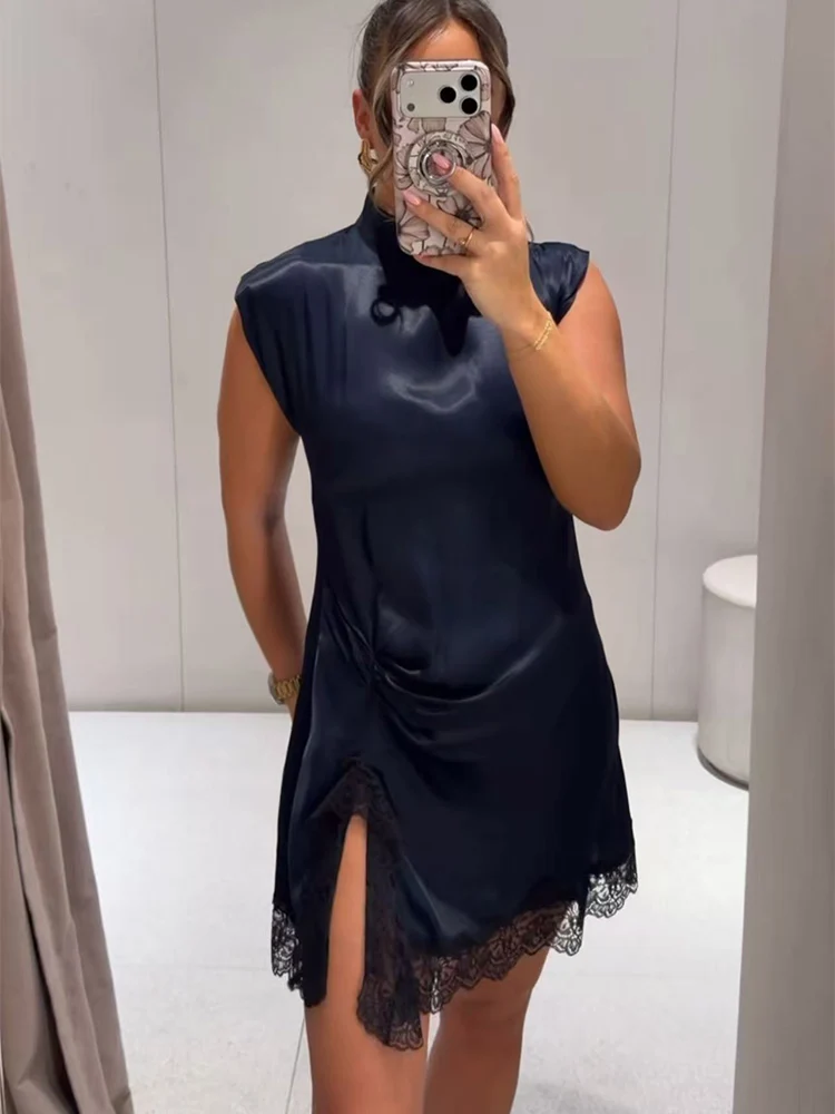 Summer Women Sleeveless Short Dress 2026 Fashion Fitting High Waist Mini Dress Lady Turtleneck Solid Lace Spliced Dress