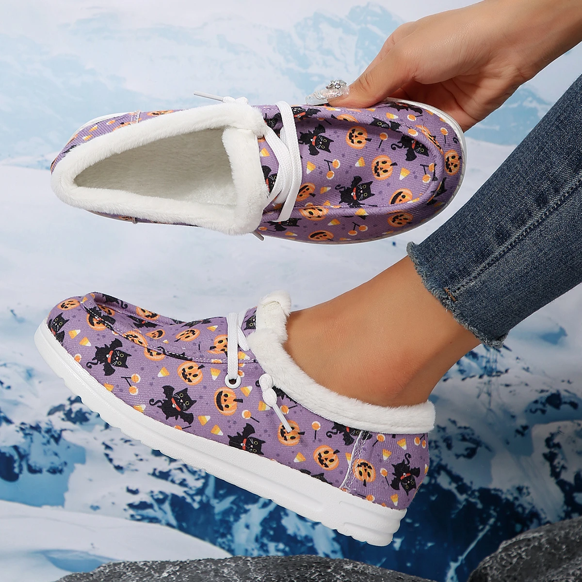 Halloween limited ladies fashion new pumpkin will fly cat print casual shoes plush shoes