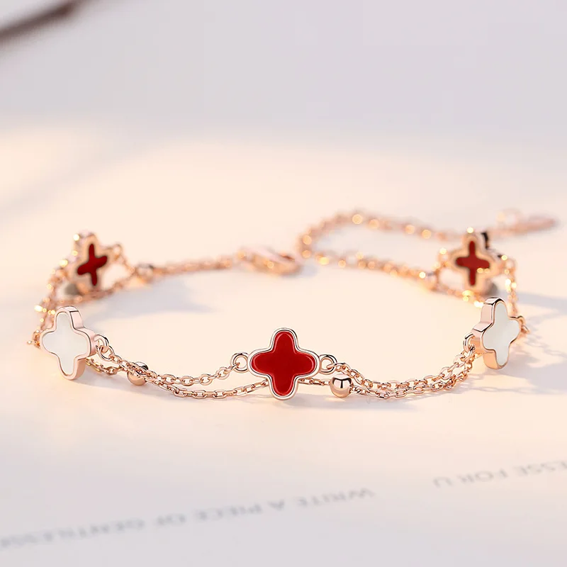 

S925 Sterling Silver Four-leaf Clover Bracelet for Female Korean Version Simple Bracelet Double Layer Rose Gold Jewelry Gift