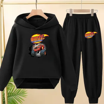 Children Coat 2 Piece Set 3-12 Age Boy Girl Racing Car Hoodie+Trousers Pullover Hooded Autumn Winter Outdoor Leisure Sportswear 1