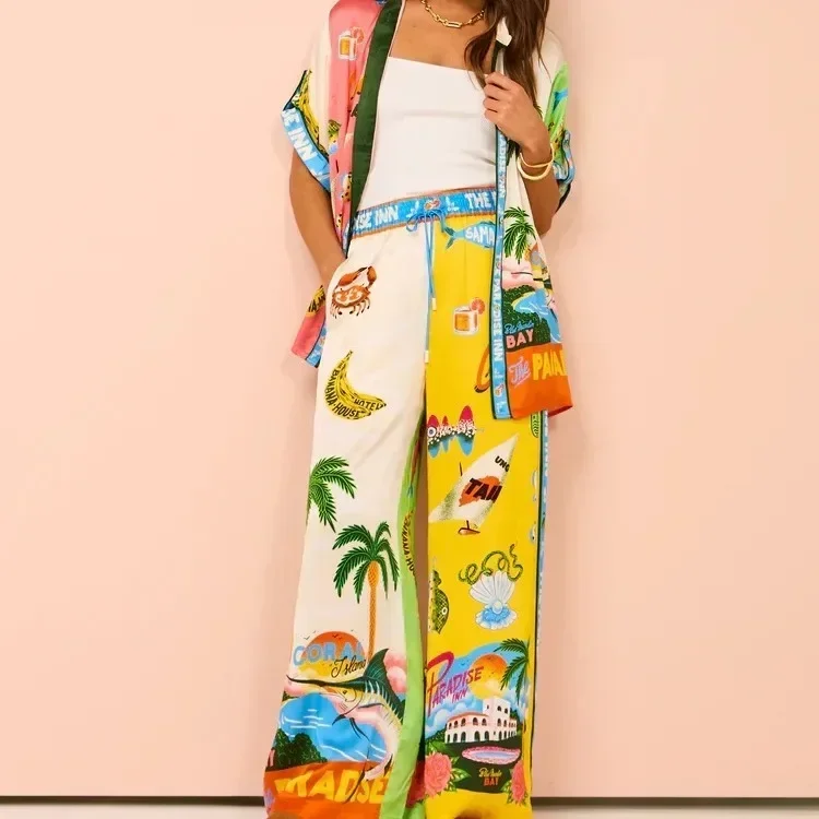 Spring New 2024Women Festival Printed Short-sleeved Shirt Blouse Loose Trousers 2-piece Women's Casual Beachwear Suit
