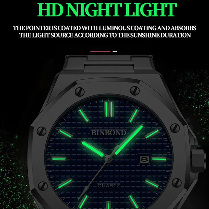 BINBOND B0233 Top Brand Casual Business Quartz Men Watch Stainless Steel Calendar Wristwatch Classic Luminous Fashion Mens Watch