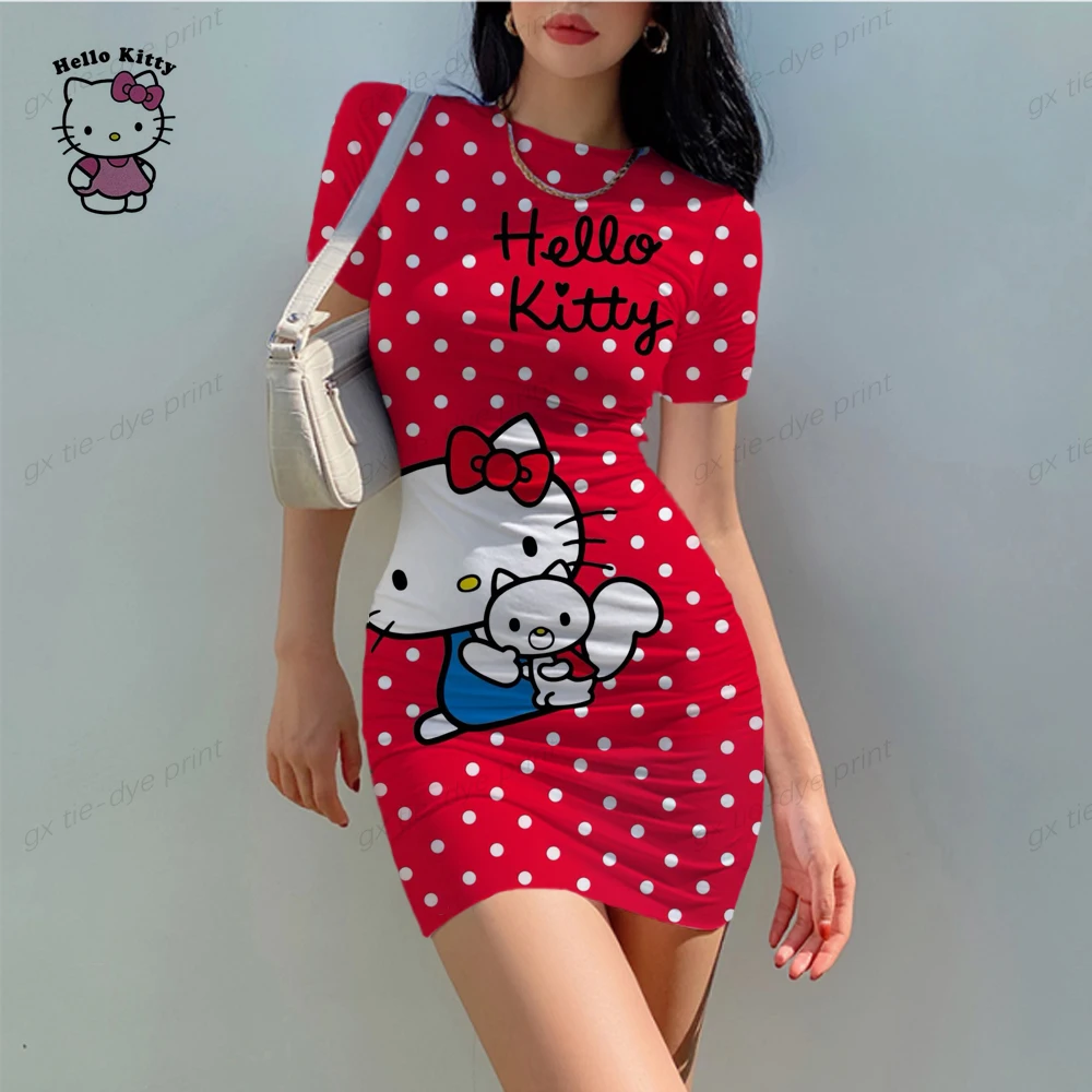 

Женское платье с принтом Hello Kitty, модная прямая юбка с коротким рукавом, летнее модное Повседневное платье до колена с круглым вырезом, 2023