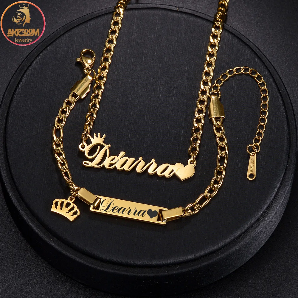 Akizoom Engrave Name 45cm Necklace Punk Custom Bracelet Stainless Steel Jewelry Set for Woman Cuban Chain for Man Birthday Gift