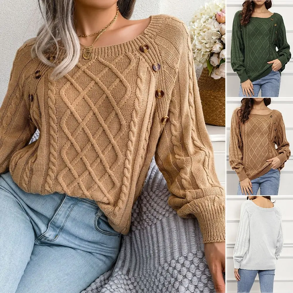 

Acrylic Fibers Square Neck Casual Sweater Soft Comfortable Fried Dough Twists Knitting Sweater Warm Casual Sweater