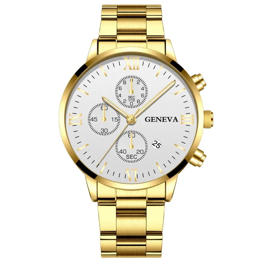 Geneva Fashion Mens Watches Luxury Gold Stainless Steel Quartz Wrist Watch Men Business Casual Calendar Clock relogio masculino 