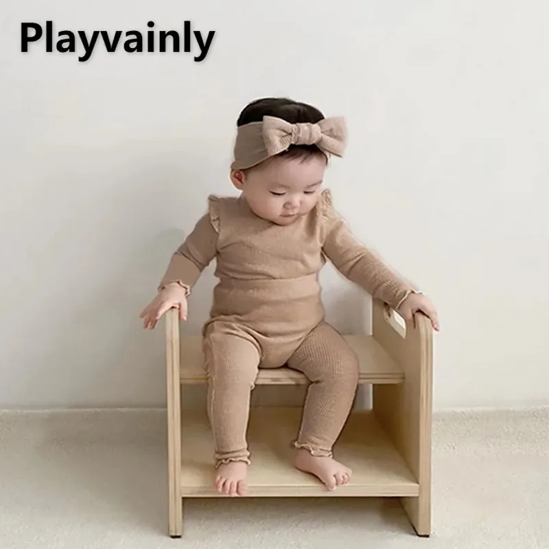 Spring Autumn Baby Clothes Boy Girl Pajamas Pit Stripe O-neck Top+Elastic Waist Pants+Headband Newborn Home Wear Nightgown E8128