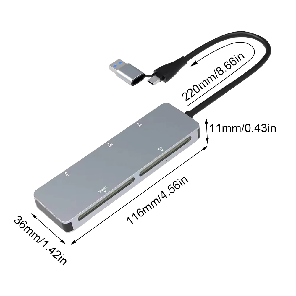 5 in 1 멀티 메모리 카드 리더, C타입 및 USB A, 윈도우 XP, 비스타, 7/8 맥 OS용, 5Gbps CFast, XD, CF, SD, TF 리더