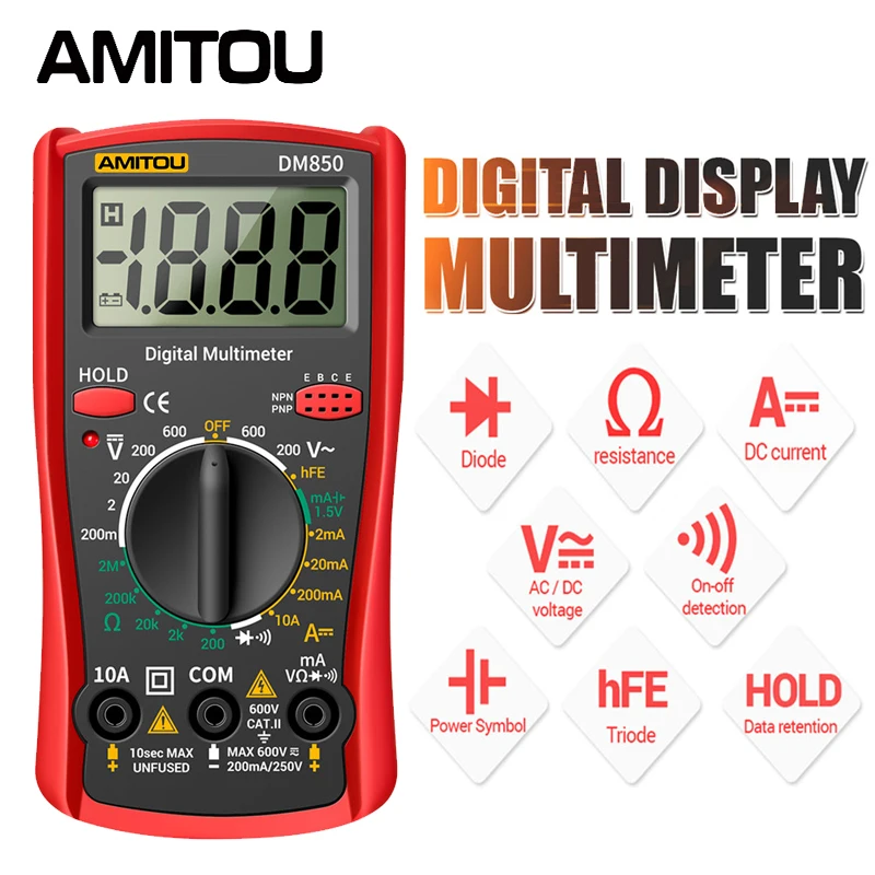 

AMITOU DM850 Digital Multimeter 1999 Counts AC/DC Voltage Testers DC Current Meters Ohm Ammeter Diode Triode Detector Tools