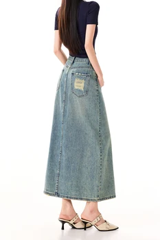 2026 Spring/Summer New American Casual Retro Denim Midi Skirt with Slit, High Waist, and Bodycon Design 1