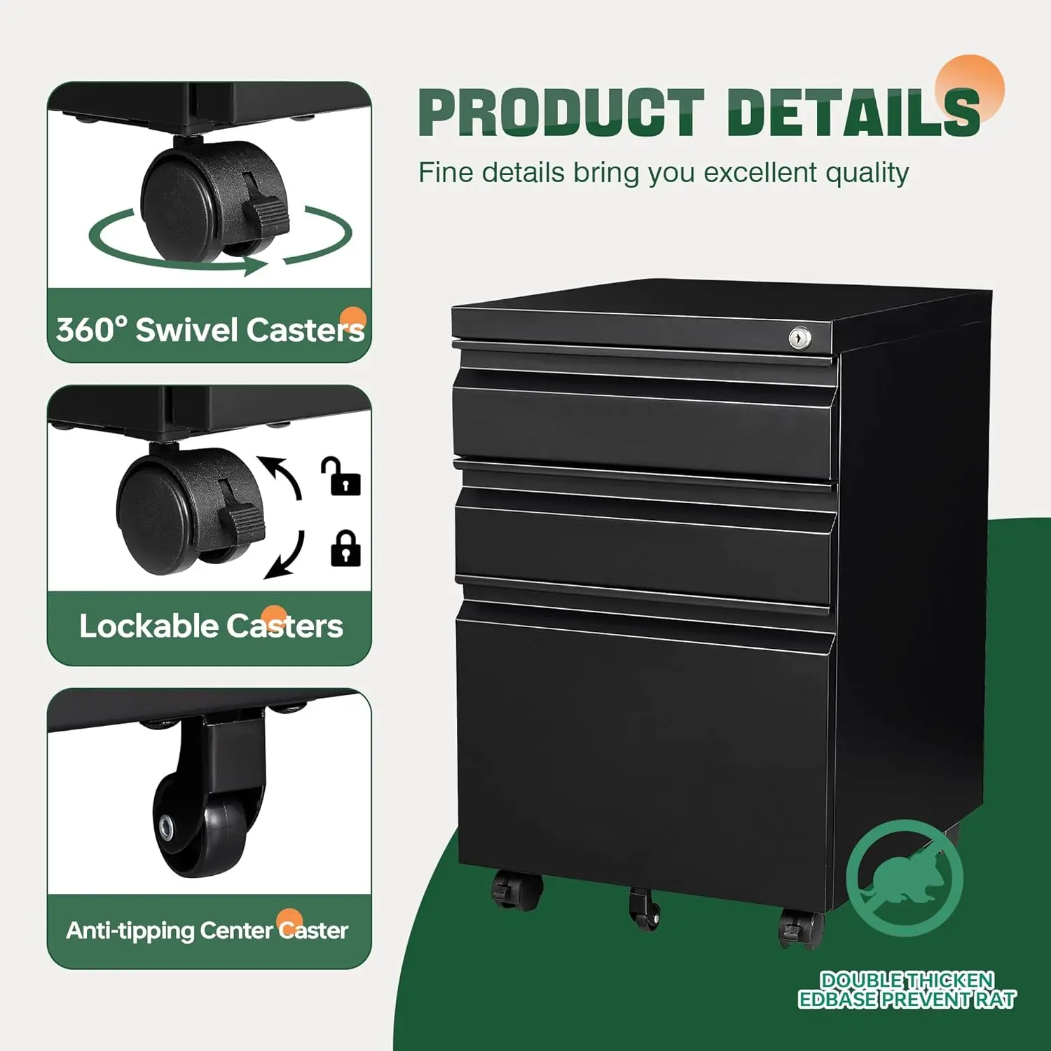 3 Drawer Mobile File Cabinet with Lock,Under Desk Metal Filing Cabinets for Home Office Organizer Letters