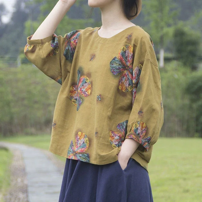 

Блузка Женская Асимметричная с принтом, свободная повседневная рубашка оверсайз с рукавами-фонариками, в винтажном стиле, V38, на лето