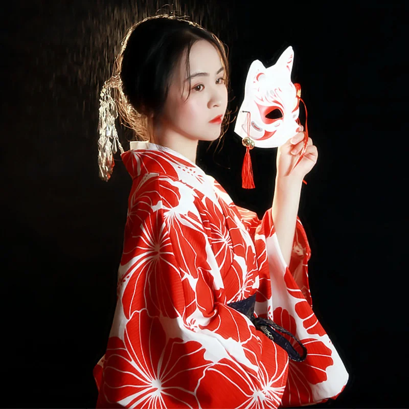 

Women's Japanese Traditional Kimono Robe Red Flower Prints Vintage Yukata with Obi Stage Performing Dress Cosplay Clothing