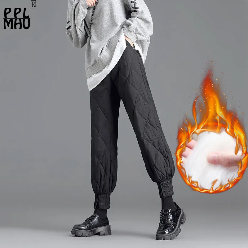 

Trendy Boyfriend Style Winter Pants Women's Black Elastic Waist Banded Warm Sweatpants Casual Ankle Thick Snow Wear Pantalones
