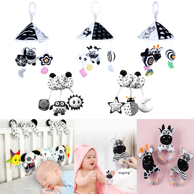 

Black And White Baby Rattle Bed Hanging Bed Around Animals Wind Chime Soft Baby Toys 0-12 Months Music Crib Stroller Hanging Toy