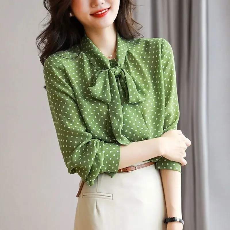 

Spring Autumn New Shawl Collar Long Sleeve Blouse Women Bow Polka Dot Printing Cardigan Fashion Elegant Thin Style Shirt A64