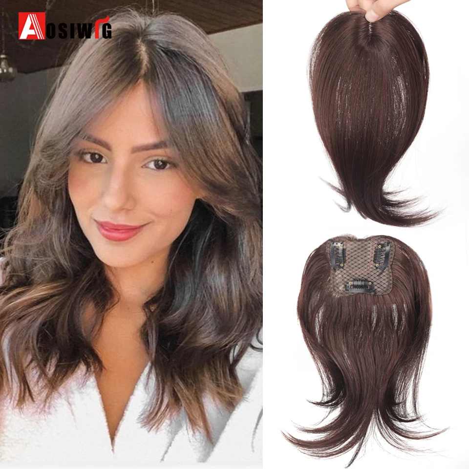 

Synthetic Long Straight Topper Wig Clip in Hair Extensions Natural Fluffy Head Top Fake Hair Piece with Bangs Clip Black Brown