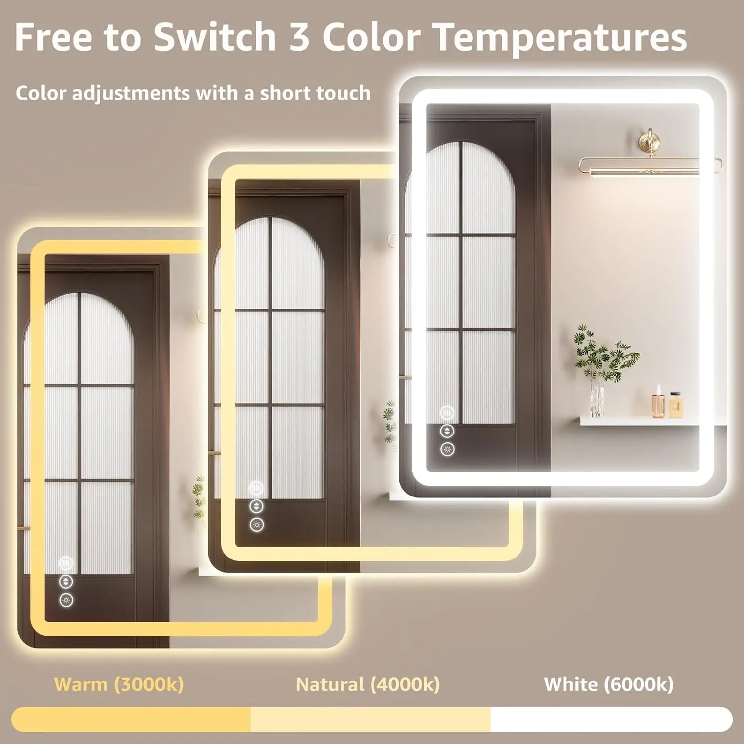 40" x 36" Led Bathroom Mirror with Lights, Anti-Fog & Tri-Color Lighting - Wall Mounted Shaving Mirror with Touch Sensor, Waterp