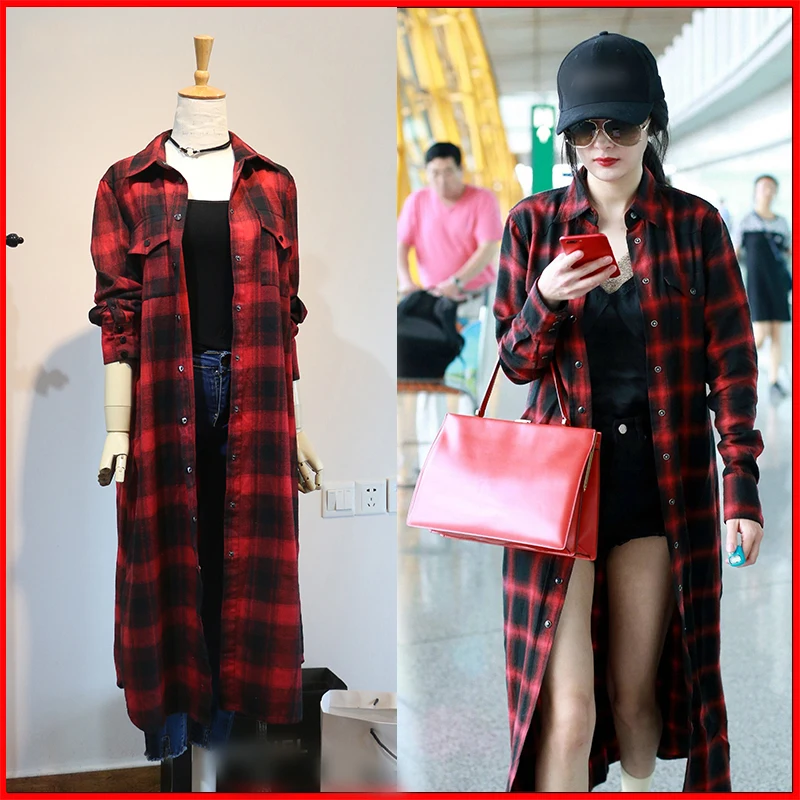 

Kpop IU Korean Plaided Blouses Women Spring Autumn Ankle-Length Loose Long Sleeve Long Shirts Tops Female Casual Lapel Outerwear