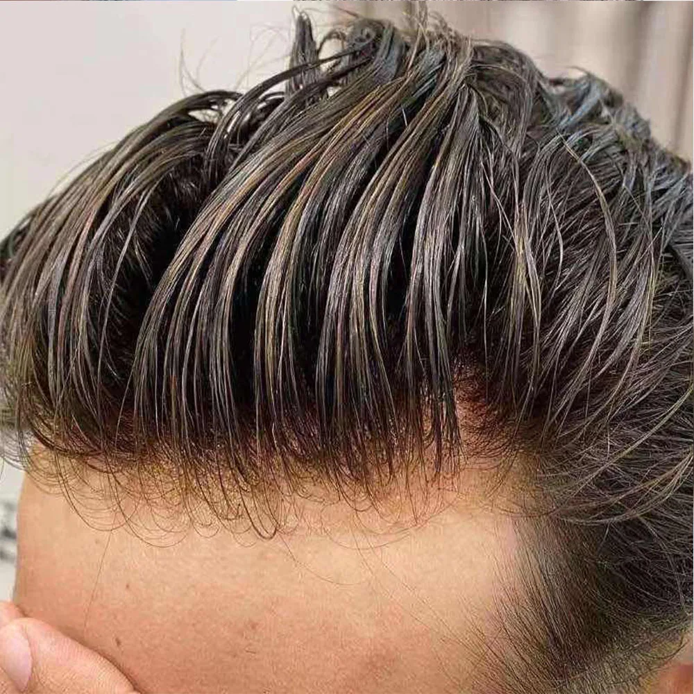 슈퍼 내구성 얇은 남성 가발 100% 인간의 머리카락 회색 검정 1B80 남성 Toupee 자연 헤어 라인 전체 피부 Pu Sytem 모세관 보철물