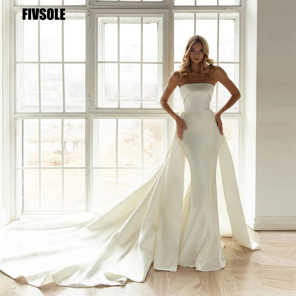 

Fivsole Bohemian Mermaid Wedding Dresses Detachable Train Back Bow Bridal Gowns For Women Strapless Vestido De Noiva Robe Mariee