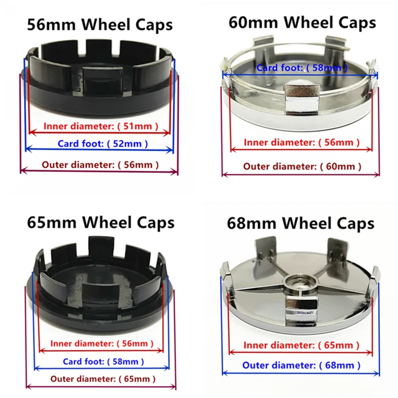 블랙 실버 레드 자동차 휠 센터 허브 캡 배지 로고 엠블럼 림 캡 커버 액세서리, 56mm, 60mm, 63mm, 65mm, 68mm, 4 개