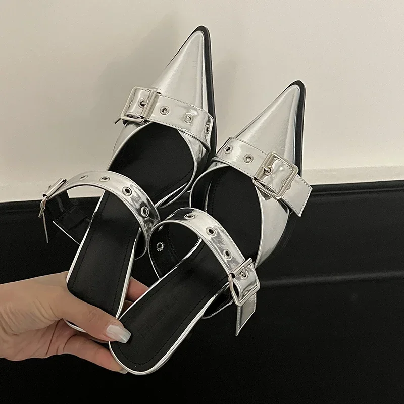 Punk Goth Metal Buckle High Heels Sandals Women 2024 Summer Pointed Toe Silver Party Shoes Woman Korean Style Thin Heels Sandals