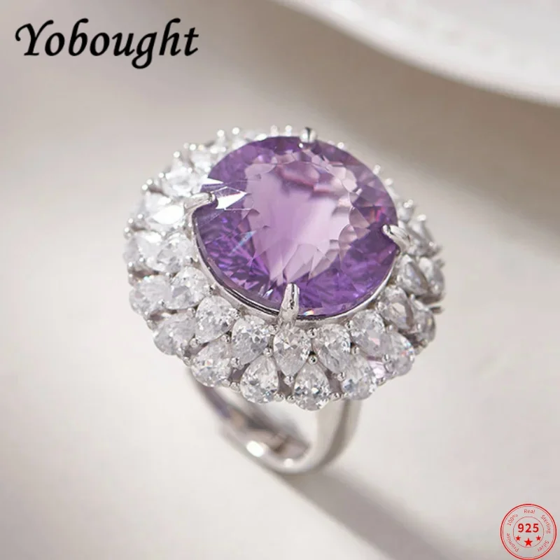 

S925 sterling silver charms rings for Women New Fashion flowers inlaid round natural amethyst zircon jewelry free shipping