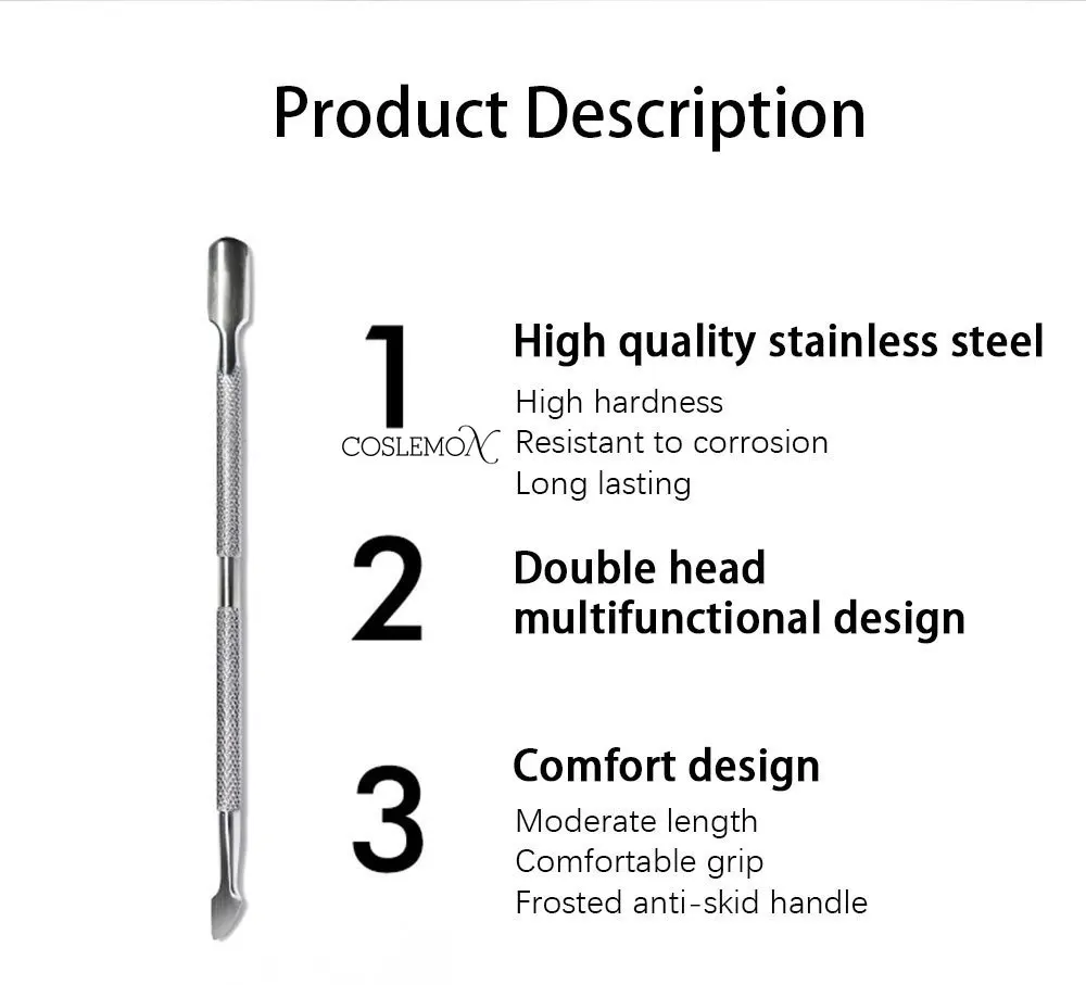 Description Picture 3 of item1pcs Stainless Steel Cuticle Pushers Dead Skin Remover Double Sided Finger Nail Cuticle Pusher Manicure Nail Care Pedicure Tool