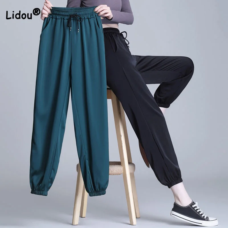 Ice Silk Satin Sports Pants for Women Personalized Street Summer Thin Loose Acetic Acid Drawstring Waist Pockets Harem Trousers