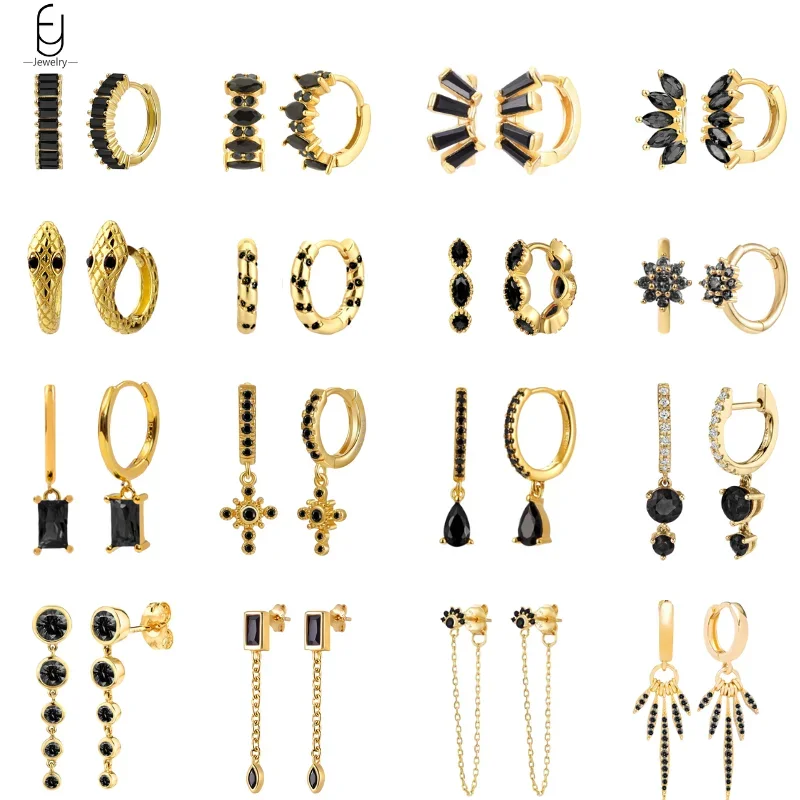 925 Sterling Silver Ear Buckles Fashion Hoop Earrings Black Crystal Pendant Gold Earrings High Quality Women's Jewelry Gifts