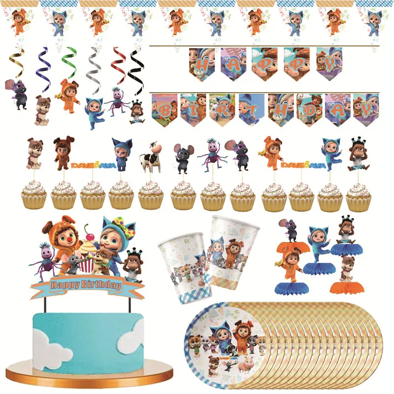 

DAVE AND AVA Birthday Party Decorations Balloons Disposable Tableware Cake Flag Spoon DAVE AND AVA Party Supplies Plate Napkins