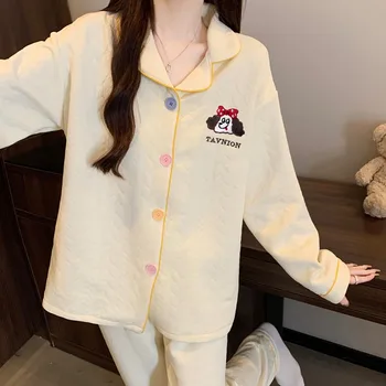 التطريز لطيف موضة جديدة المرأة منامة مجموعة جديد الخريف الشتاء لينة 2 قطعة مجموعة ملابس خاصة عادية التلبيب الرقبة المتسكعون للنساء 4