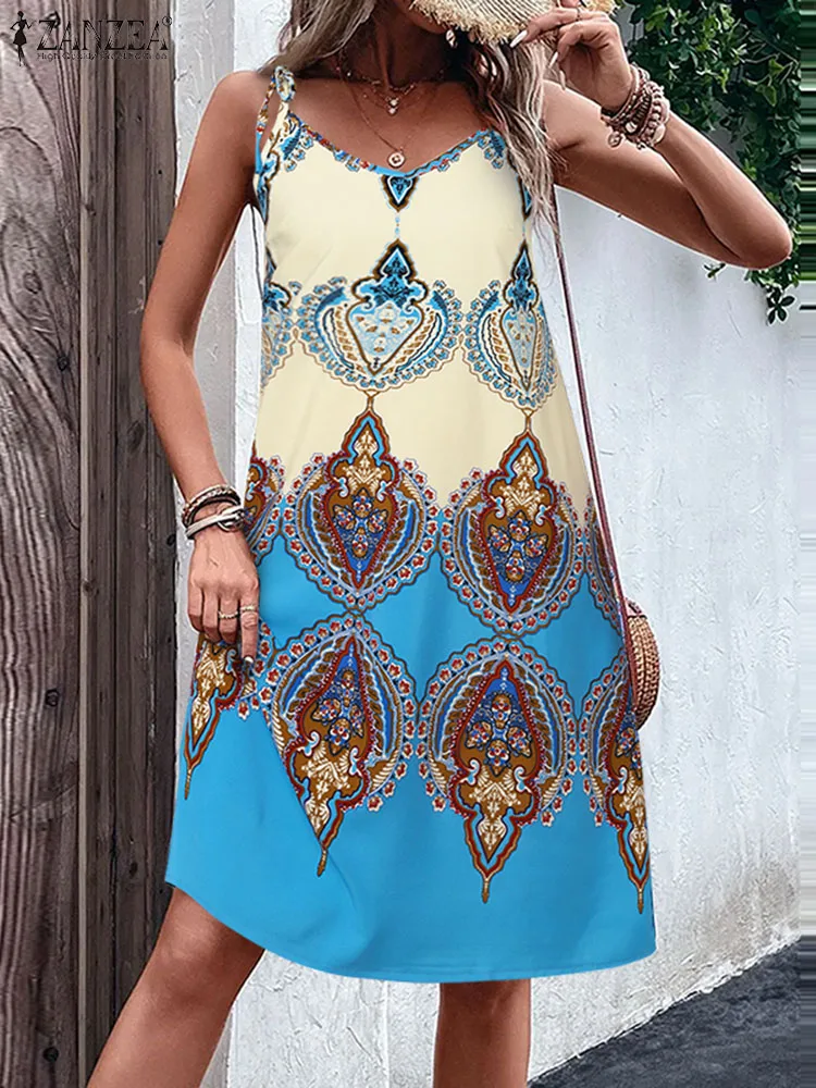 

Bohemian Floral Print Sundress ZANZEA Women Summer Short Dress Sexy Spaghetti Strap V Neck Party Robe Casual Knee-length Dresses