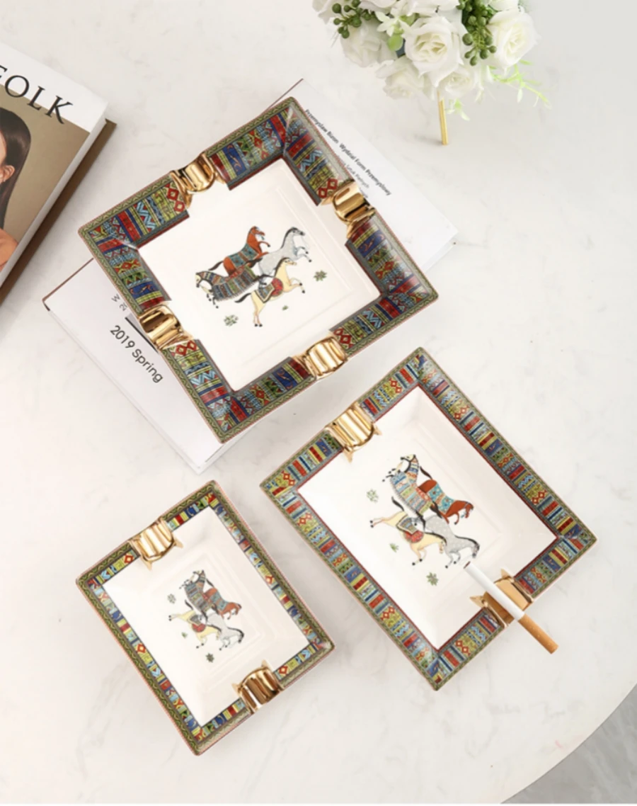 Horse Pattern Art Grid Ceramic Cigar Ashtray 3 Sizes Luxury Smoke Ash Tray Holder Cigars Home Table Desk Accessories Decor ceramic ashtray