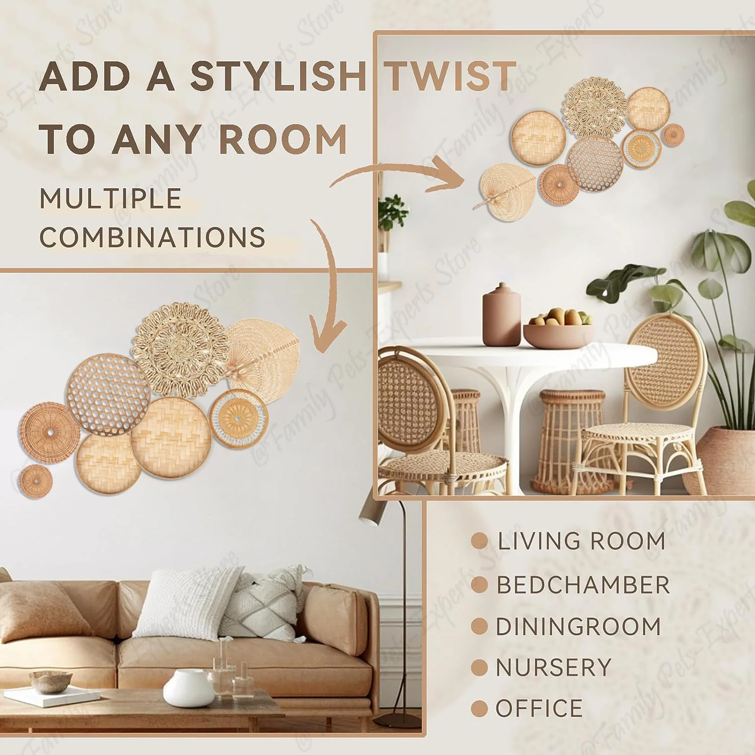 Set 7 Cesti Da Parete Rotondi Boho In Tessuto Erboso - Decorazione Murale Intrecciata A Mano - 5 Misure Differenti - 3
