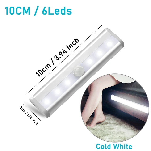 LED Under Cabinet Night Light With 6/10 LEDs PIR Motion Sensor Wireless Lamp for Closet Cupboard Wardrobe Bedroom Stairs Kitchen 10cm Cold White