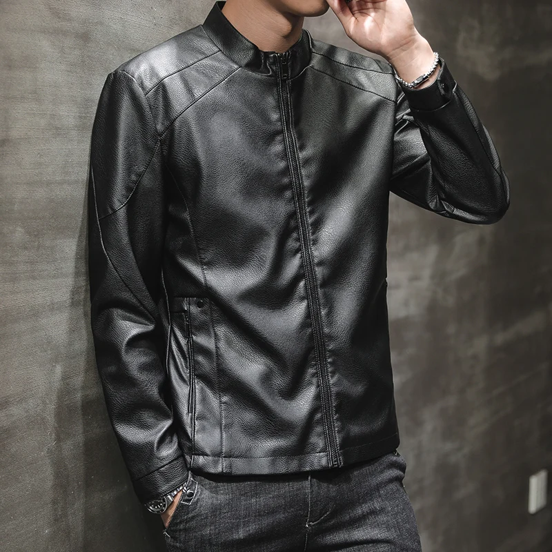 thumbnail image 1 of Chaqueta de cuero delgada de vellón de otoño e invierno 2022 Chaquetas de cuero de PU de color caqui gris negro para motocicleta Ropa de negocios de moda para hombres, 1 of 4
