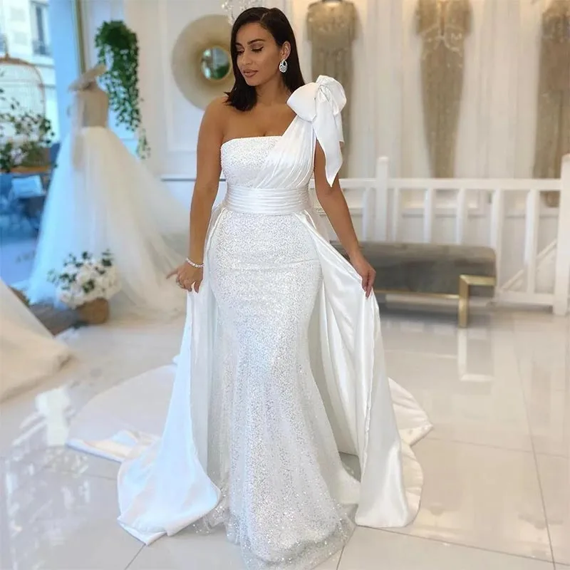 

White Mermaid Wedding Dresses One Shoulder With Bow Satin And Sequined Overskirt Wedding Gowns Ribbons Bridal vestidos de novia