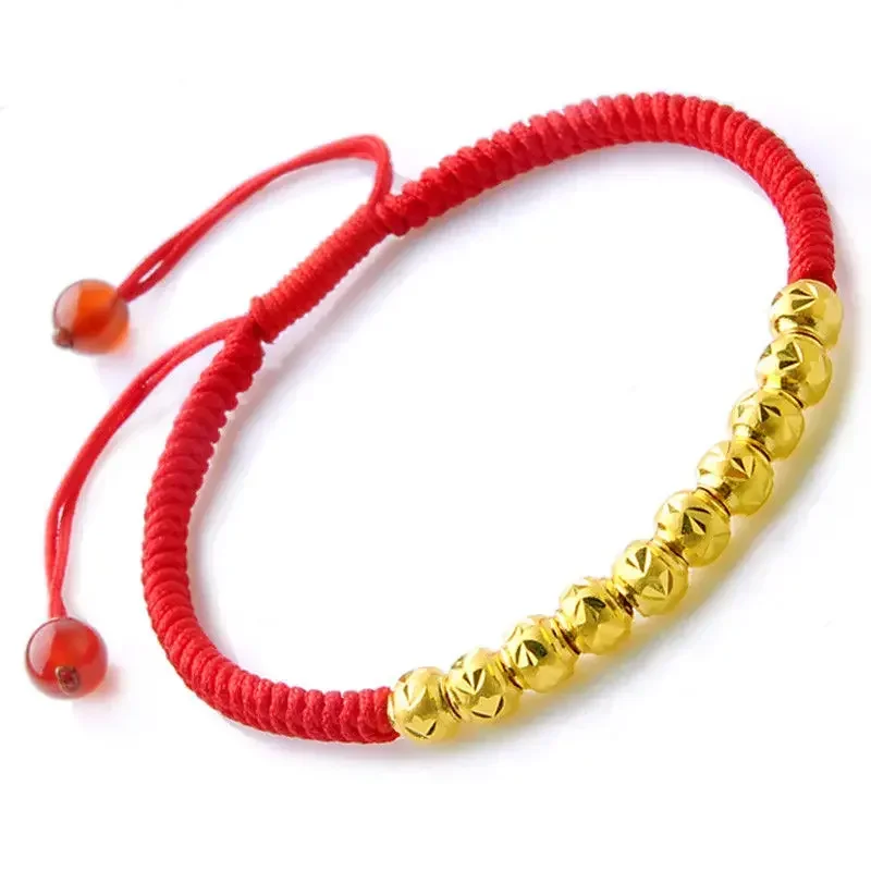 

Однотонный браслет из желтого золота 24 К, 10 шт., 0,09 г, бусины, красный шнур, браслет на удачу