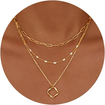Layered Gold Necklaces for Women Stackable14K Gold Silver Plated Circle Paperclip Chain Pendant Choker Necklace Set For Woman