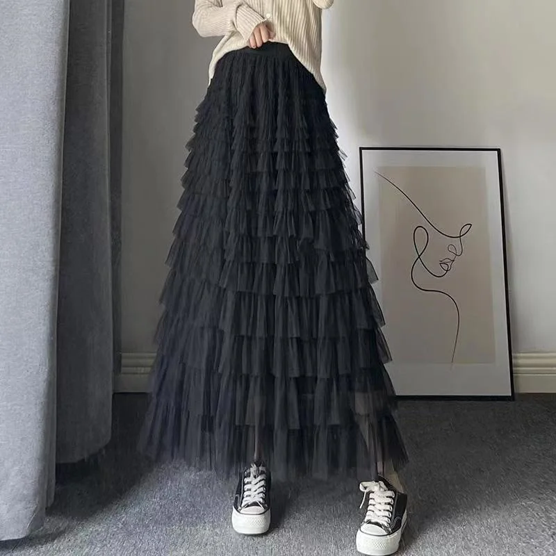 

Korea Spring Cake skirt Fairy Gauze Skirt French sle Elegant High Waist Slimming Pleat over the Knee Long Swing Solid Skirt