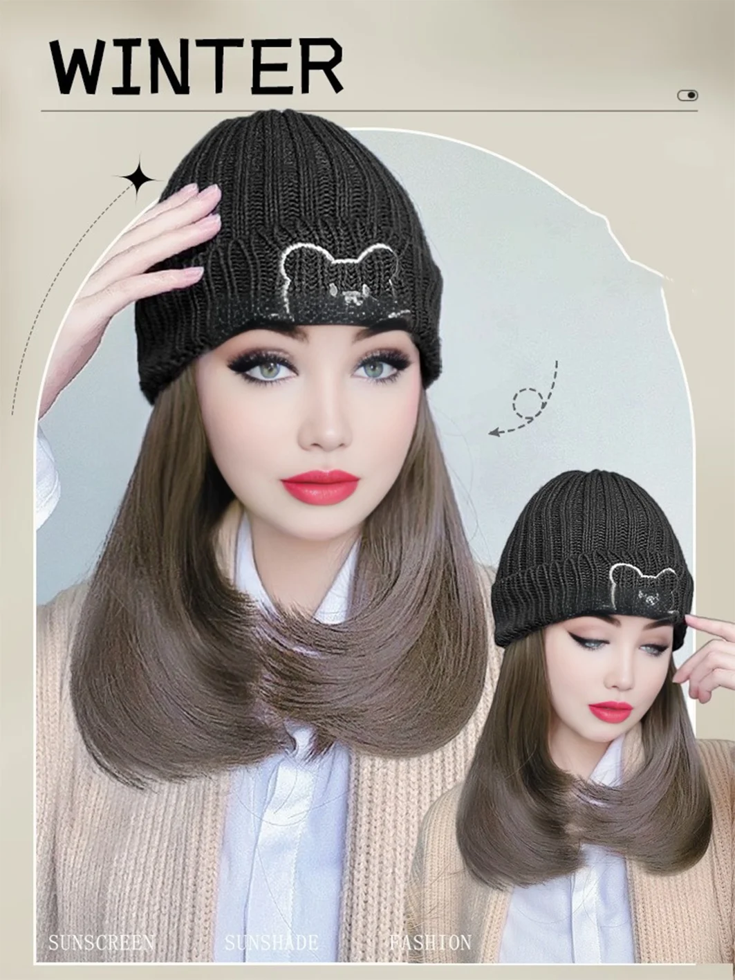 synthetic10 inch knit cap long straight hair wig blue hat/black hat hat wig baseball cap duck tongue 모자가발 Christmas