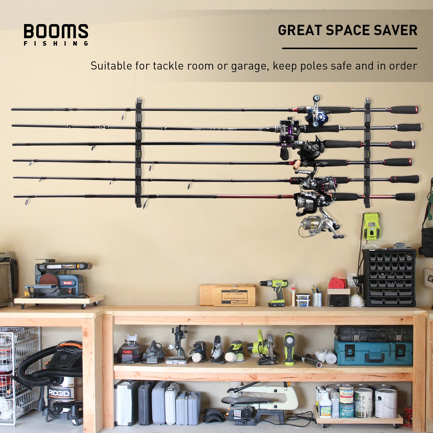 Booms Fishing WV5 Horizontal 6-Rod Rack Fishing Rod Holder Pole Storage  Tool Wall Mount Modular for Garage Fishing Accessories