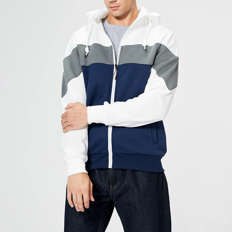 Spring Autumn Contrast Color Fashion Long Sleeve Hoodies Man High Street Casual Zipper Pockets Drawstring All-match Cardigan