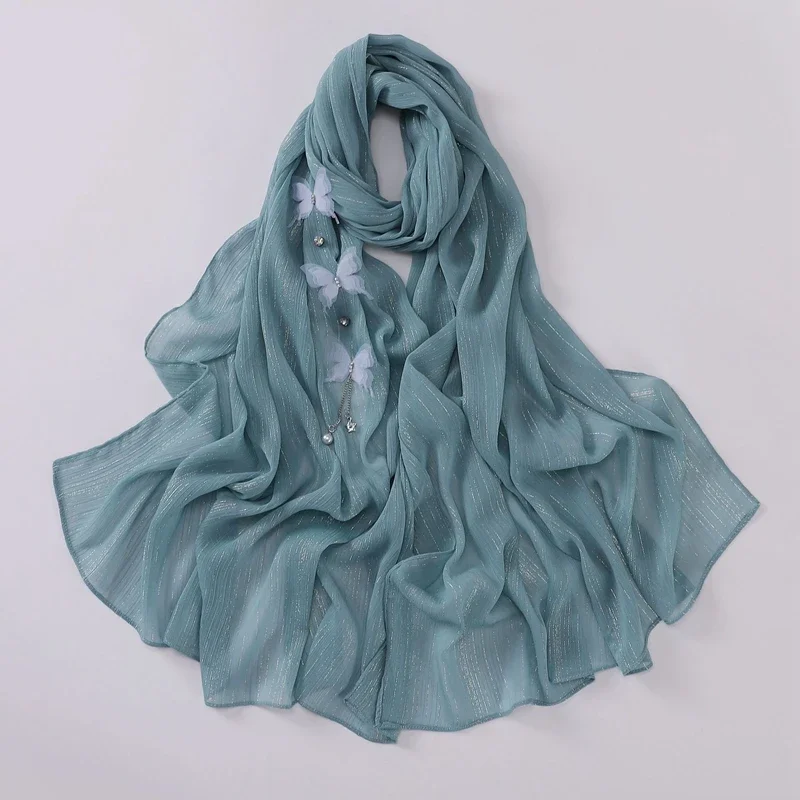 5PCS Wholesale Muslim Womens Hijabs Fashion Elegance Chiffon Shawl Gorgeous Appliques Headscarf Islamic Festival Party Scarf 679