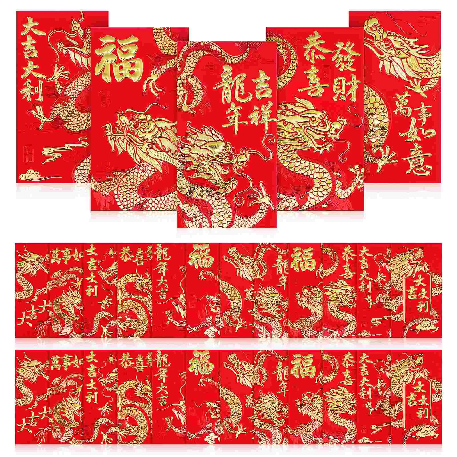 

Cash Envelopes 2024 Year of The Dragon Red Packet Golden Embossed Zodiac New Year’s Money Lucky Bags Chinese