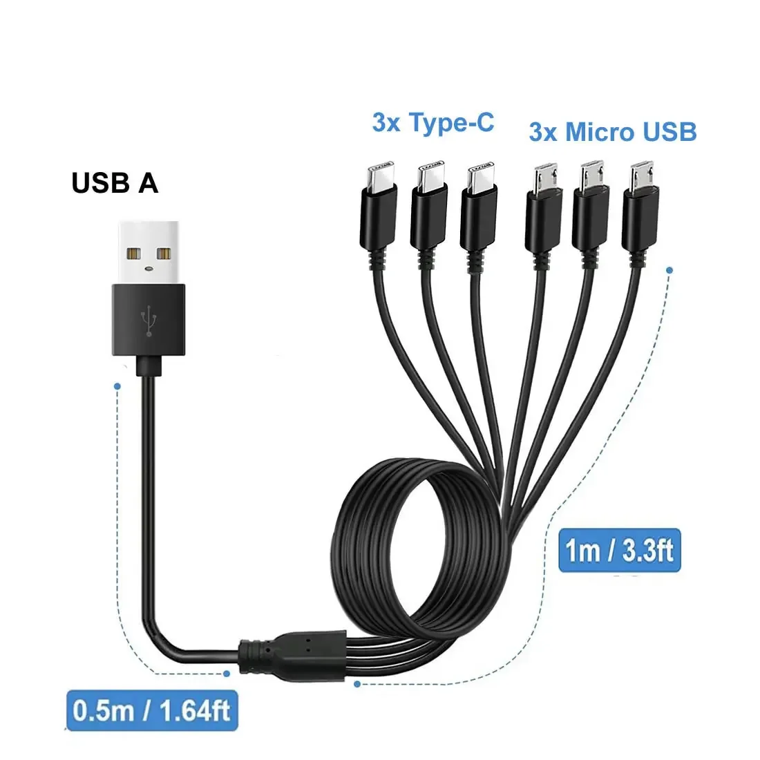 Versatile 6-in-1 Charging Cable with Micro USB and Type C Connections