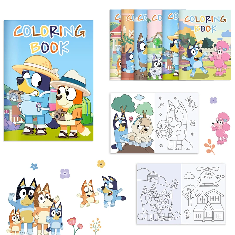 Drawing Toy 6/12/24pcs Bluey Bingo Anime Figure Color Diy Coloring Book Cartoon Graffiti Painting Book Children Puzzle