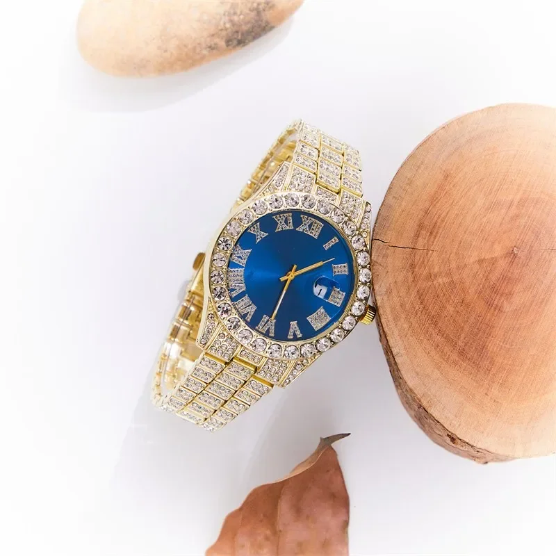 Popular Business Men's Faux Diamond-studded Steel Strap Watch, Fashion Hip-hop Street Culture Cuban Bracelet